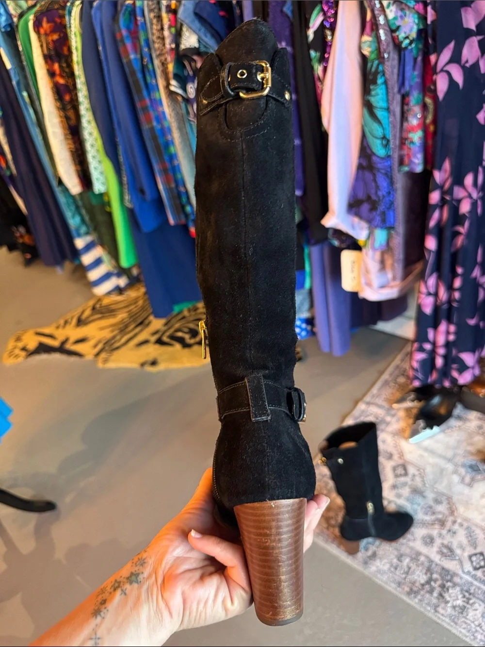 Coach Black Suede Mid-Calf Heeled Boots with Buckle Detail